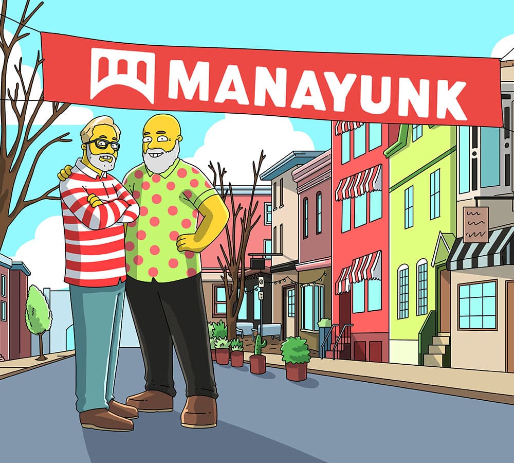 Illustration of two animated characters posing under a "MANAYUNK" banner in a colorful street setting.