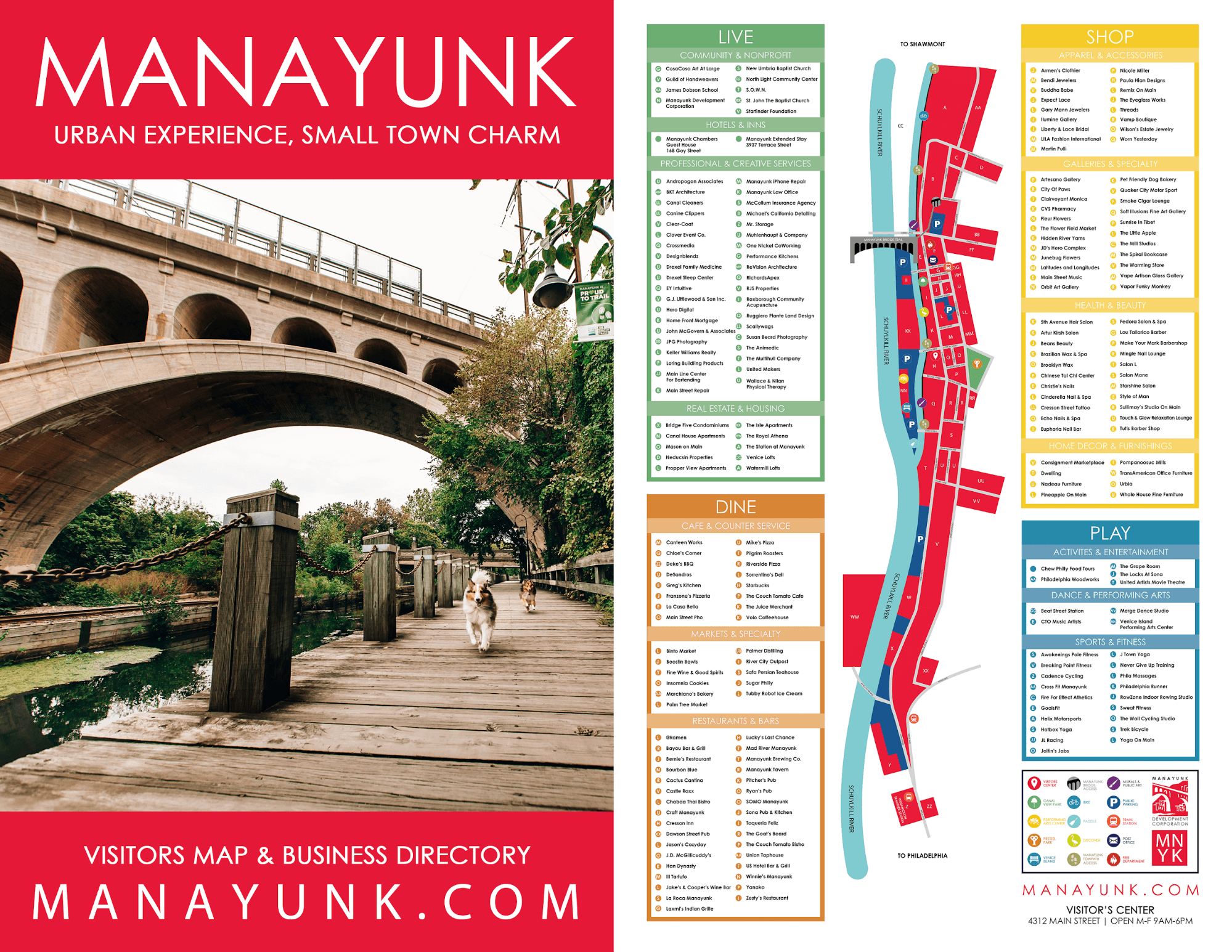 A scenic visitors map of Manayunk highlighting various businesses, dining, shopping, and recreational options alongside a bridge and waterfront pathway.