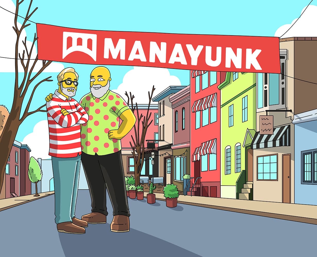 Two cartoon characters stand in front of a colorful street with a "MANAYUNK" banner overhead.